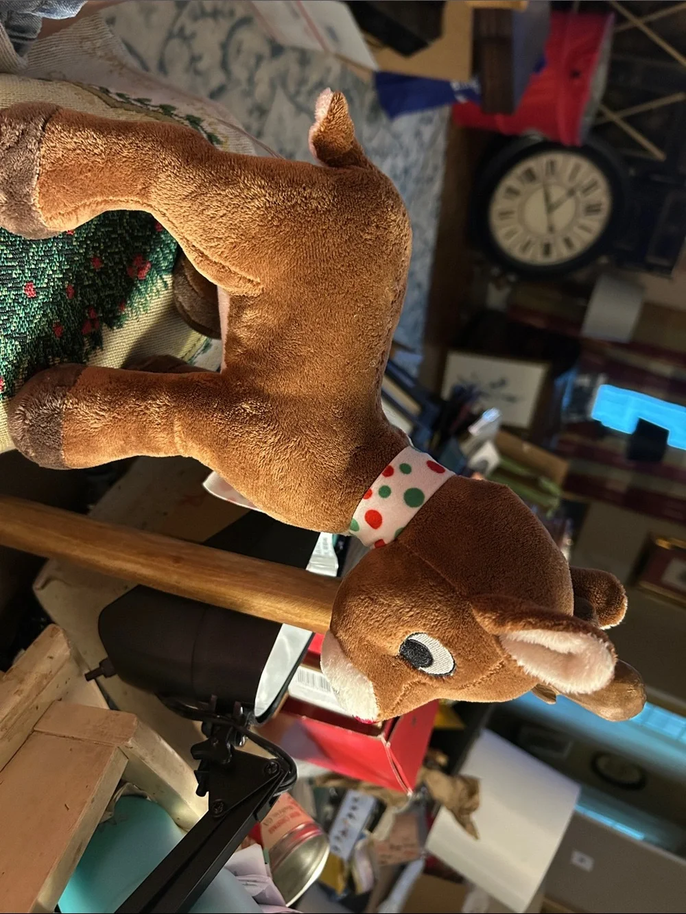 Plush Brown Reindeer Holiday Accent Festive Polka-Dot Scarf &.Bright Red Nose